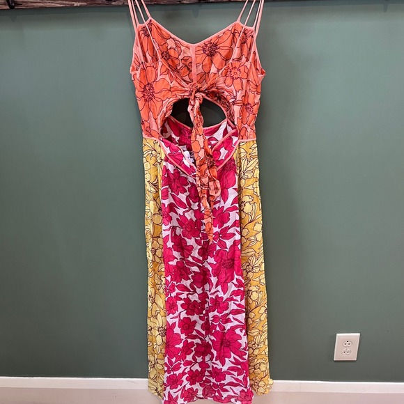 REISS Isla Floral Print Maxi Dress Orange Pink Yellow Cutout Tie Waist - Picture 4 of 7
